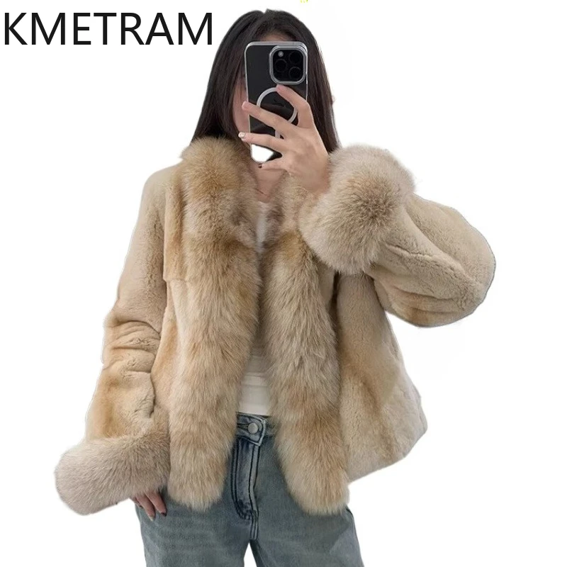 KMETRAM Natural Rex Rabbit Fur Coat Woman Fashion Fox Collar Real Fur Jacket Winter Outerwears Women Clothing 2026 Fourrure