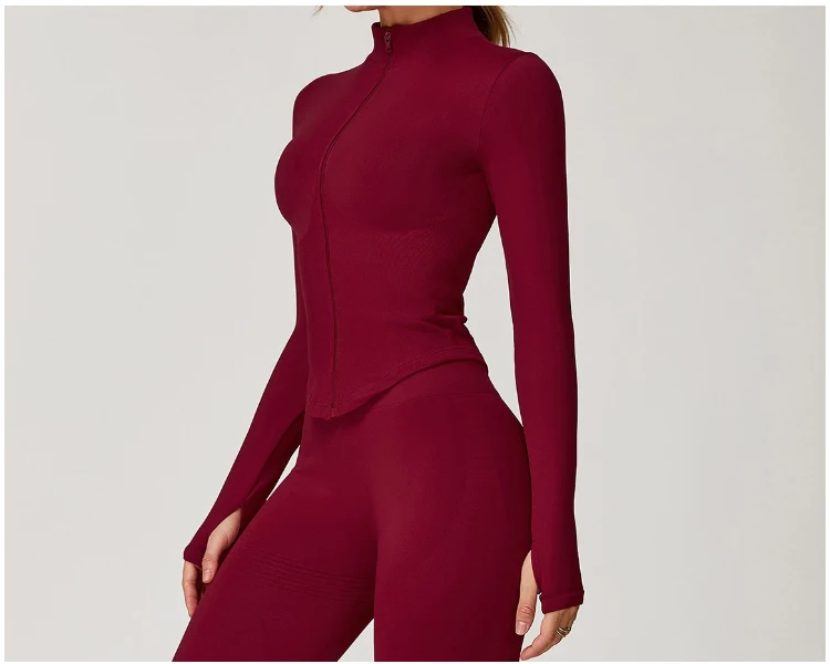 VITALINOVO Damen Cropped Running Workout Jacken mit Reißverschluss, schmal geschnittene Sportjacken mit Daumenlöchern, nahtlose, dehnbare Trainingsjacken – Detail 15