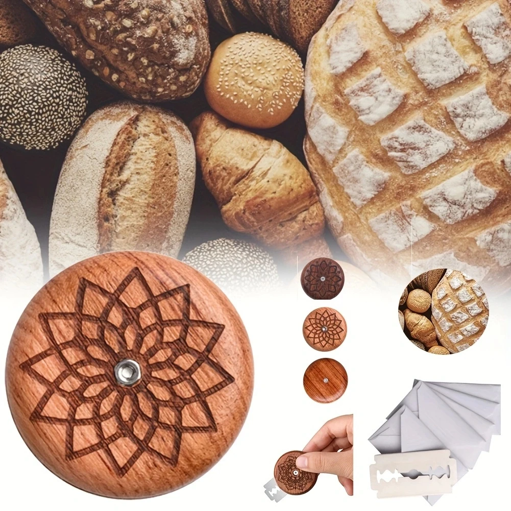 Wooden Bread Knife Razor Cutter Round Bread Lame Dough Scoring Slashing Tool for DIY Sourdough Bread with 5 Razor