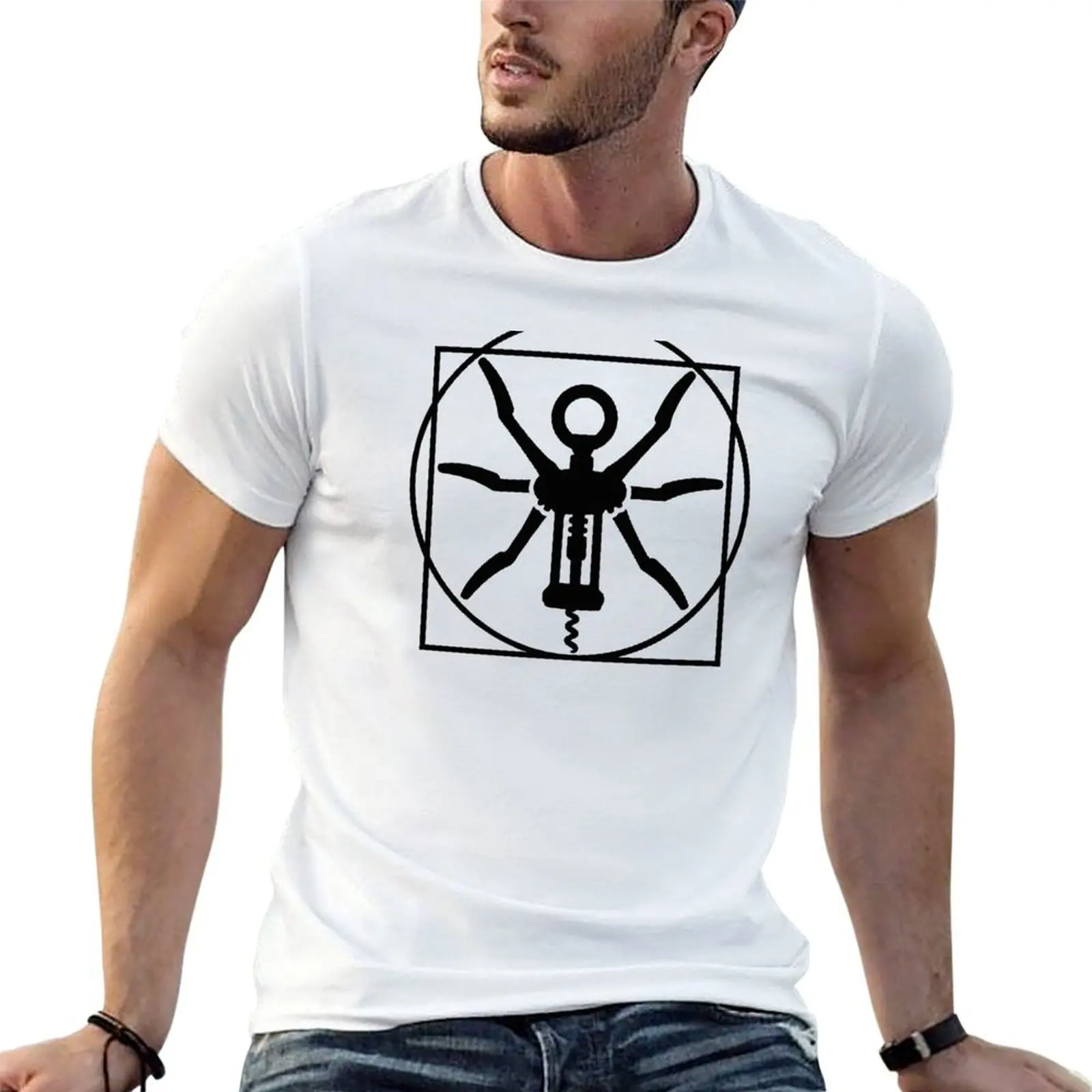 Vitruvian man wine cork screw Leonardo Da Vinci T-Shirt Luxury man oversized t shirts for men pack