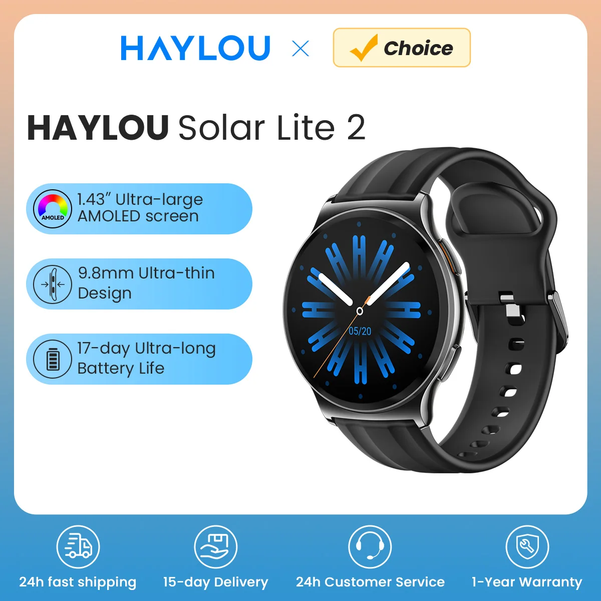 HAYLOU Solar Lite 2 Smartwatch 1.43'' AMOLED Display 24h Health Monitoring 150+ Sports Modes Voice Calling Smart Watch 1ATM