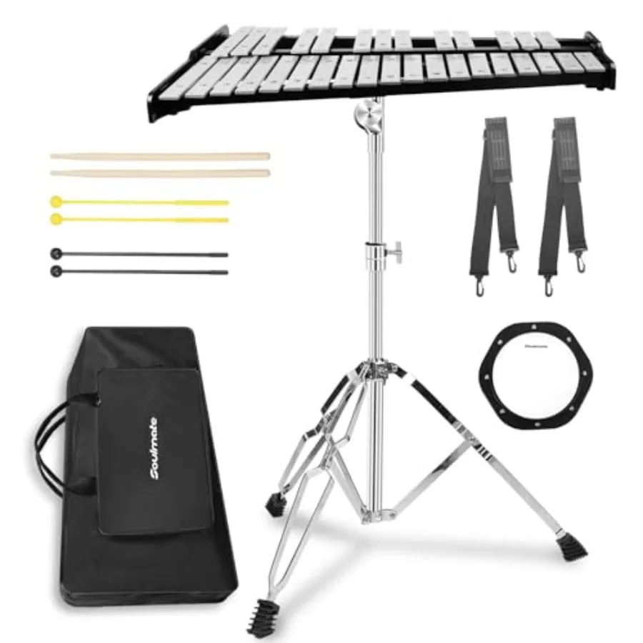 

Soulmate Professional Glockenspiel Xylophone 32 Notes with Drum Pad Complete Percussion Kit for Adults Beginners Adjustable Sta