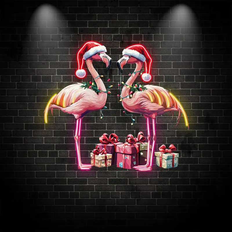 Christmas Flamingo Couple Neon Sign, Creative Wall Hanging Neon Light, Perfect Home Festival Decor Light