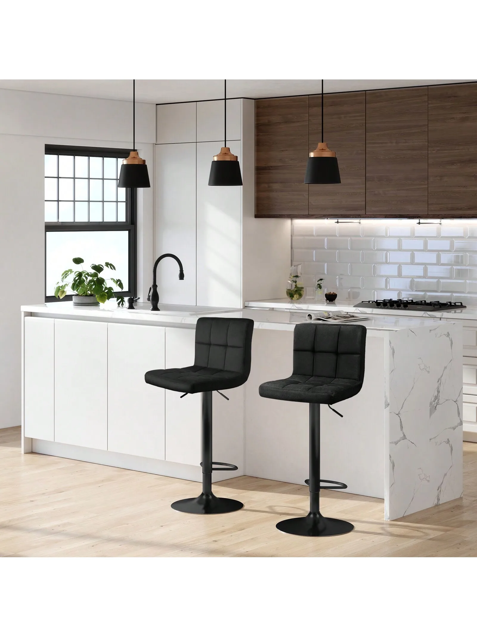 SONGMICS Sgabelli da Bar, Set di 2 Sgabelli da Cucina con Superficie in Velluto, Altezza Regolabile, Sedia da Cucina Girevole con Schienale e Poggiapiedi, Nero/Grigio Scuro/Grigio Chiaro