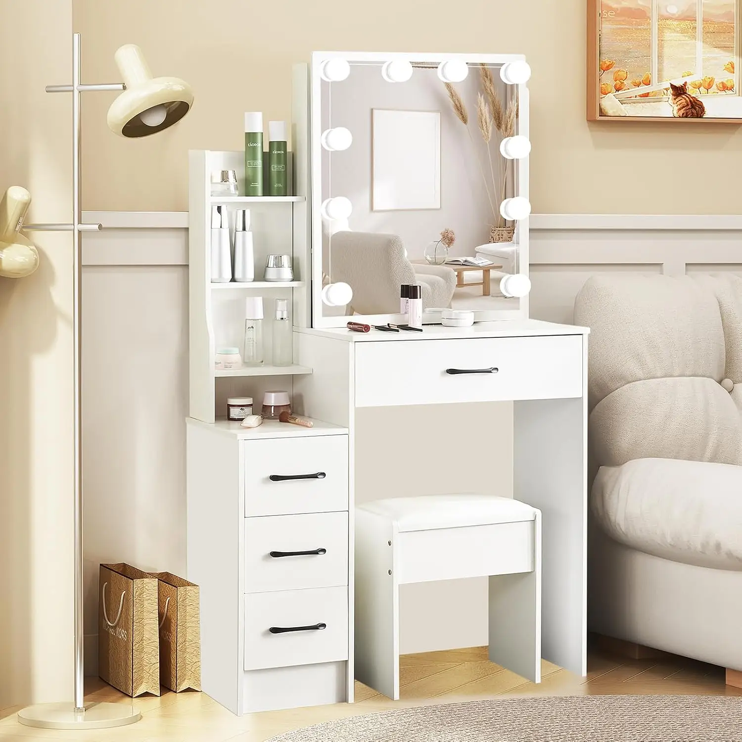 Makeup Vanity with Sliding Mirror and LED Lights in 3 Colors, Vanity Desk with Multiple Shelves and 4 Drawers,, Customized