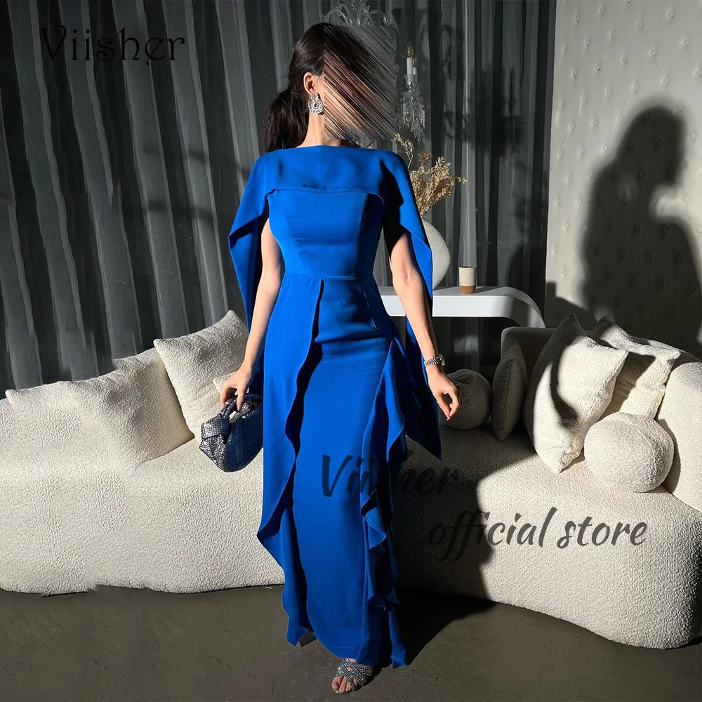 

Viisher Blue Mermaid Evening Dresses with Jacket Ruffles Satin Slim Fits Arabia Dubai Formal Dress Floor Length Prom Party Gown