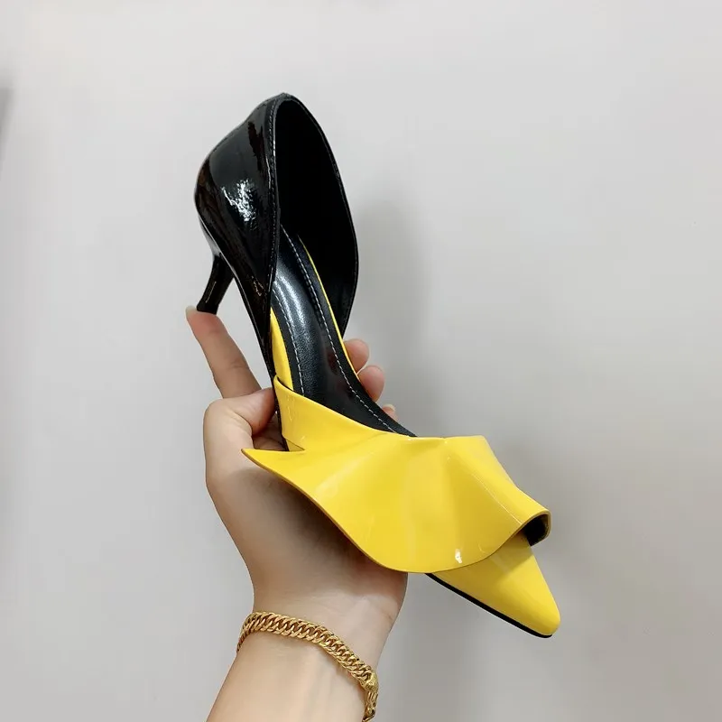 2024 New Patent Leather Ruffled Stiletto Heel Pumps Pointed Toe Shallow Mixed Color Slip On Summer Sandals 5Cm High Heels