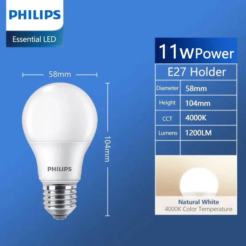 

Светодиодные лампы Philips, 4 шт., 11 Вт, E27, 4000K, натуральный белый свет, 220-240 В, низкое энергопотребление, для домашнего использования
