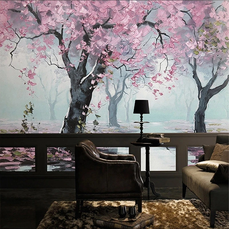 Custom Mural Wallpaper 3D Embossed Flowers Oil Painting Wall Bedroom Living room TV background restaurant Pink Tree woods Forest