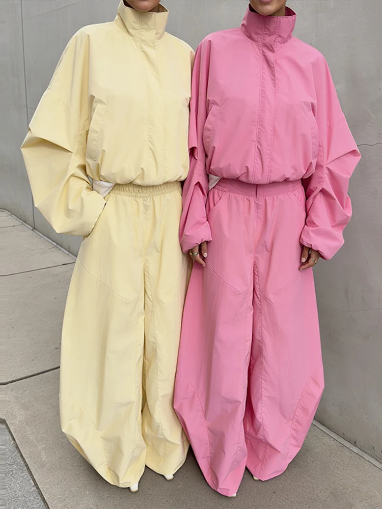 Stehkragen Langarm Oversize-Oberteil und Hosen-Set für Damen, Streetwear mit Taschen, Lockere Mäntel, Hosen mit Elastischem Bund, Schickes Damen-Outfit, Neu – Detail 7
