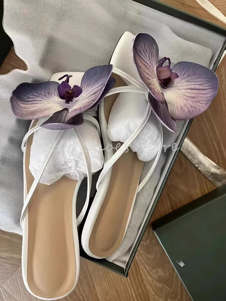 3D Orchid Flowers Decor Square Toe Narrow Band Sandals for Women Shallow Slip-On Slingback Pumps Ladies Hight Heels Slippers