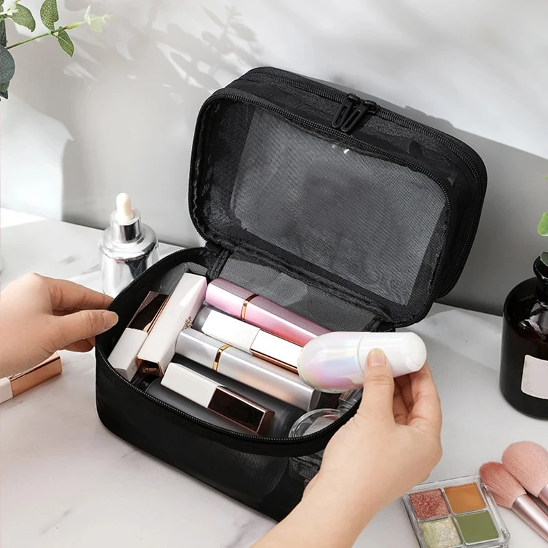 Borsa per il trucco in rete da 1 pezzo borsa per cosmetici da viaggio borsa per il lavaggio in rete trasparente a doppio strato di grande capacità