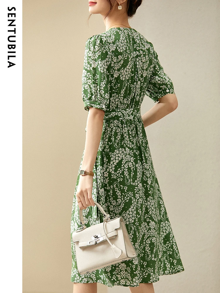 SENTUBILA 100% Mulberry Silk Printed Floral Dresses Women 2024 Summer Puff Sleeve Belted Fashion Midi Wrap Dress 142L53171X