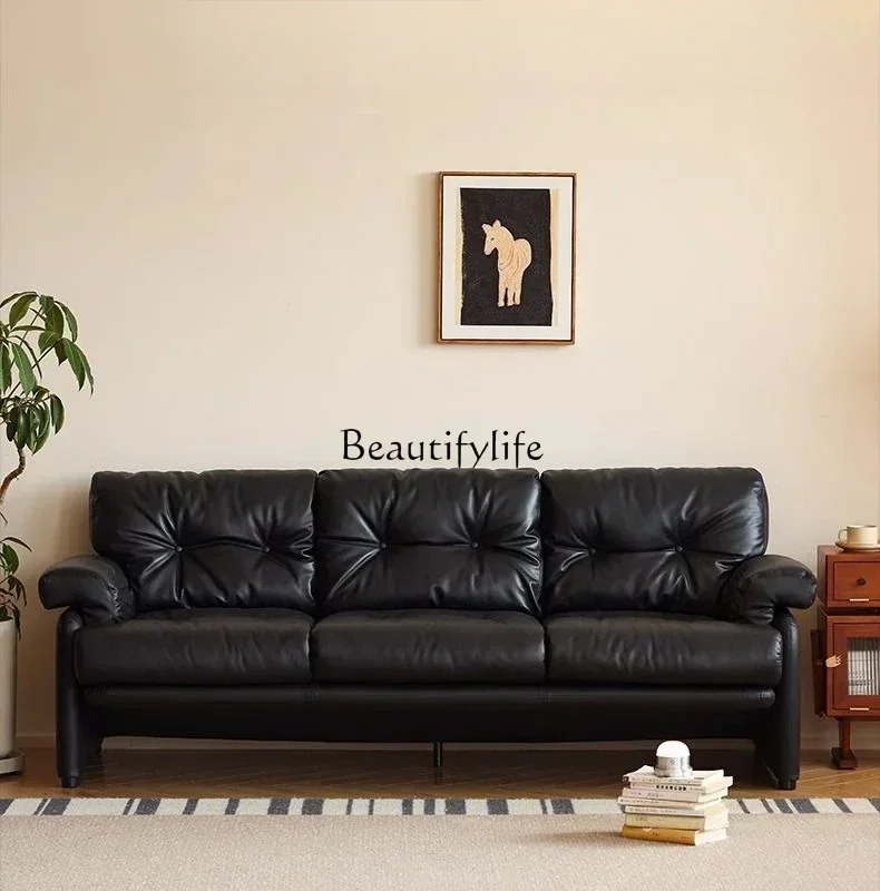 

Leather sofa American black living room straight row retro small apartment Italian minimalist leather sofa