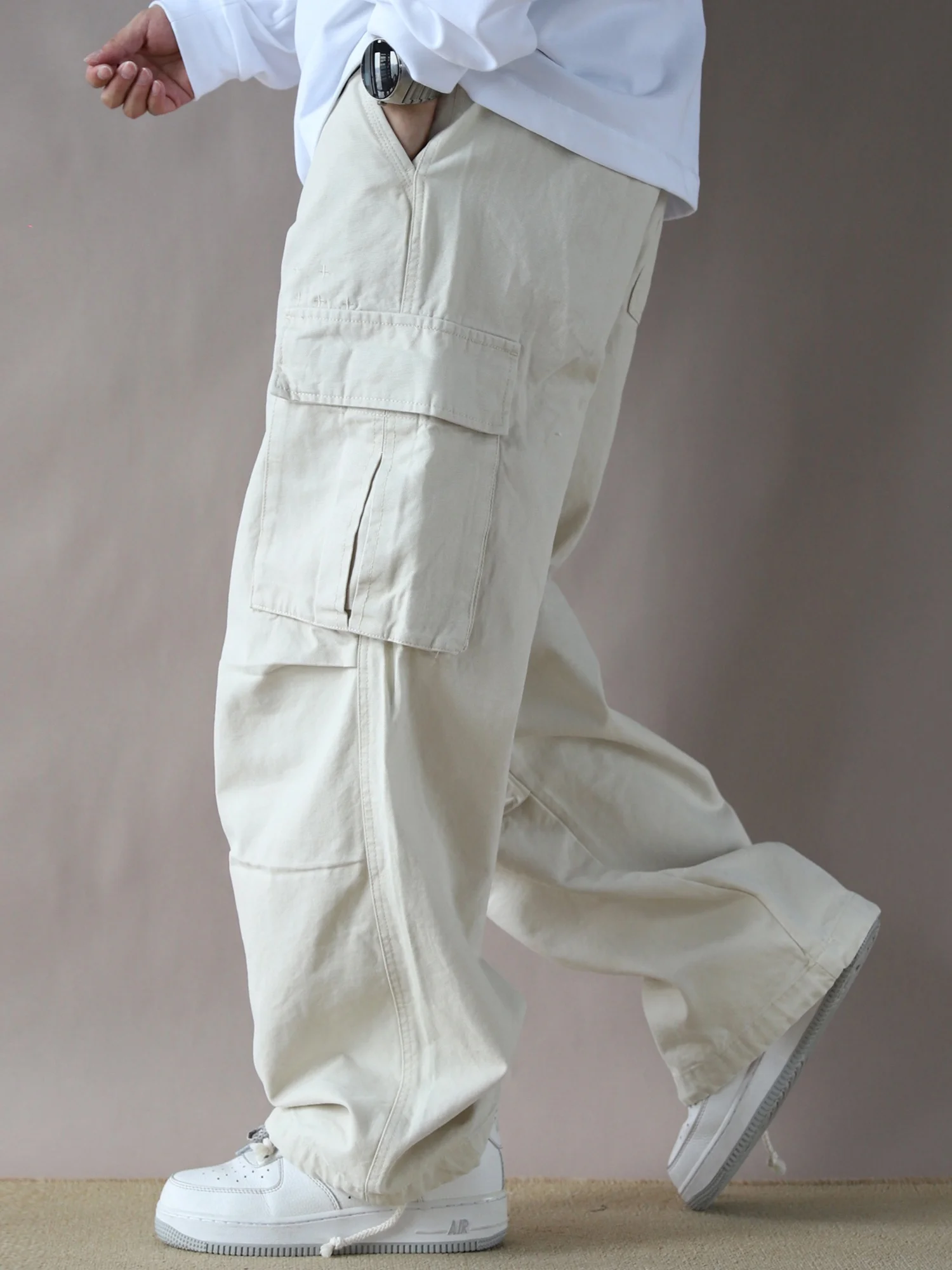 

Мужские повседневные брюки American Workwear свободного кроя, большие размеры, из чистого хлопка, 2025, бежевые рабочие брюки