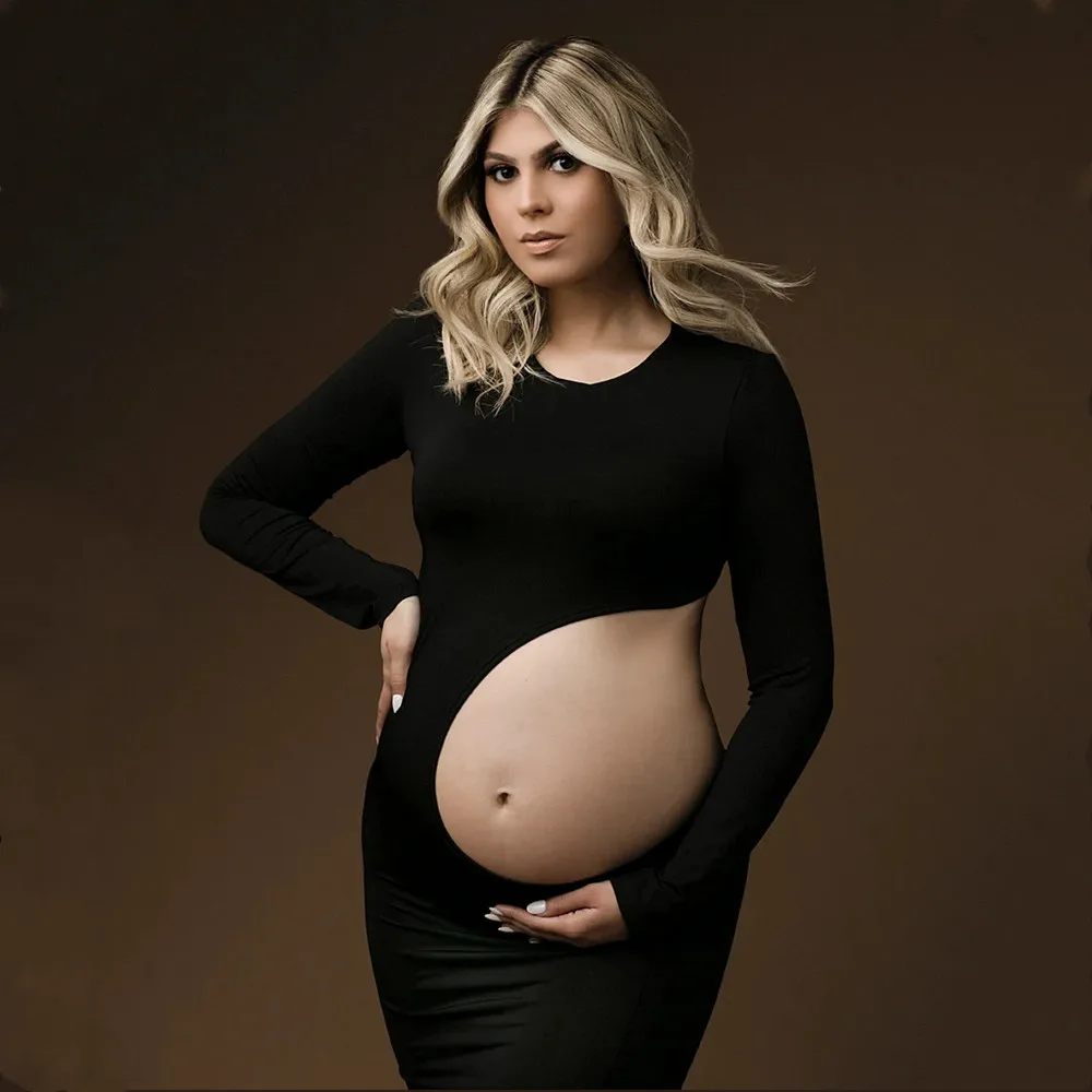 Hollow Out Stretchy Maternity Photography Dresses Full Sleeve Pregnant Woman Photo Shoot Bodycon Dress