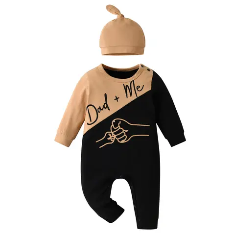 Newborn Infant Baby Boy Romper "Dad + Me" Print Long Sleeve Spliced One-Piece Jumpsuit With Hat