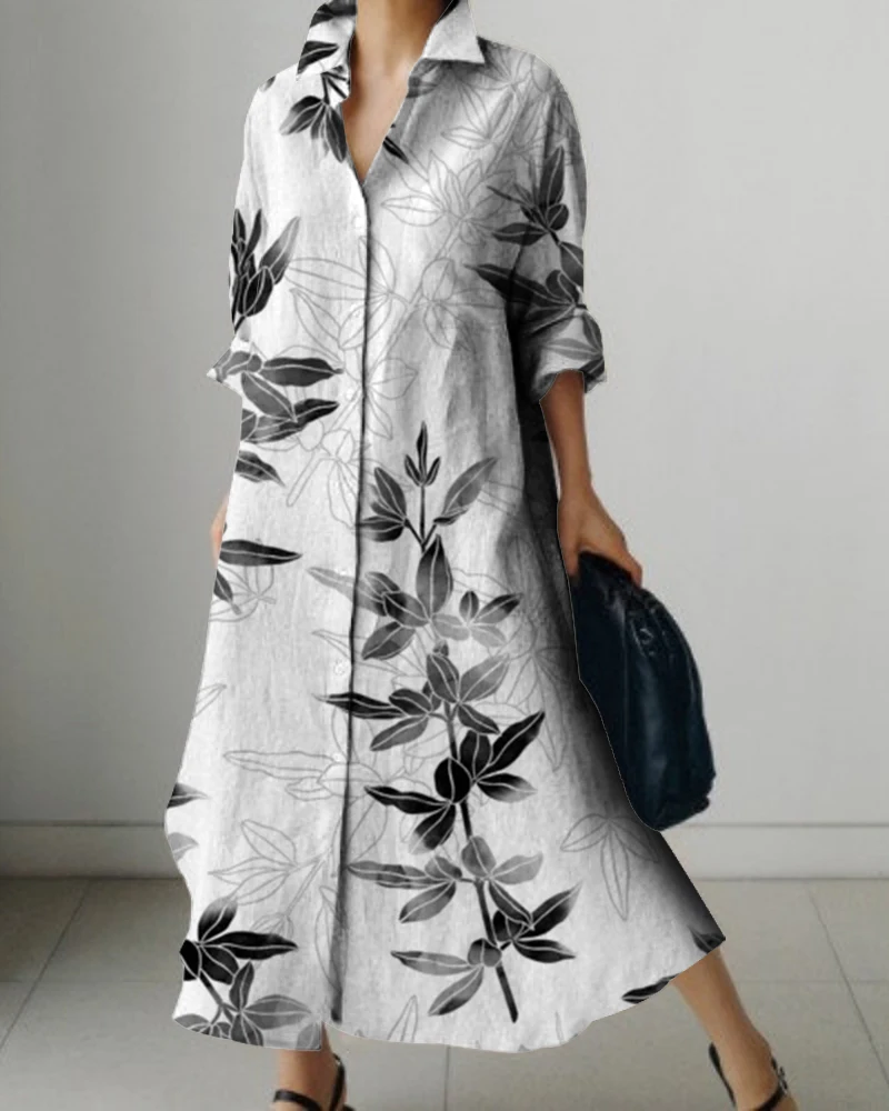 

Women's Lapel Long Sleeve Shirt Dress Floral Print Plus Size Women's Clothing Breathable And Comfortable For Spring And Summer