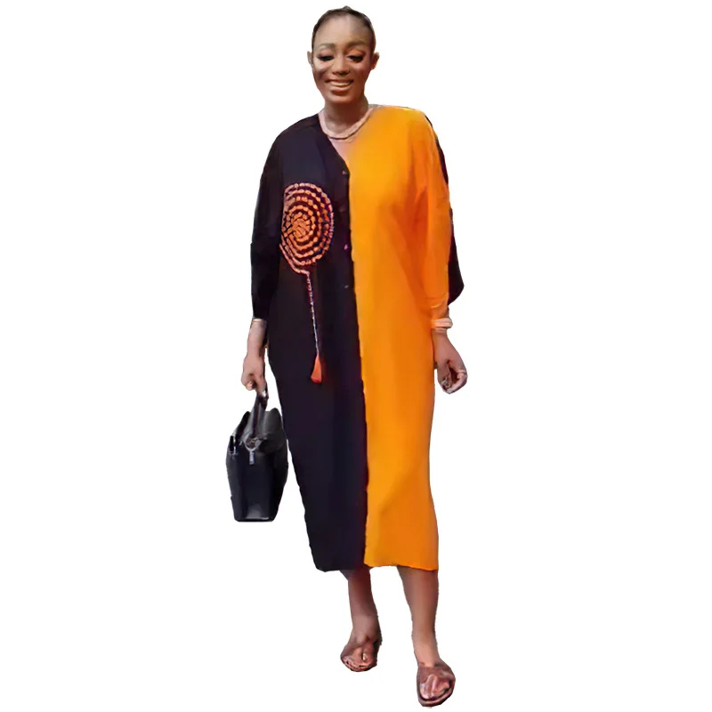 

African Dresses for Women Summer Fashion African Long Sleeve V-neck Polyester Red Yellow Knee-length Party Dress African Clothes