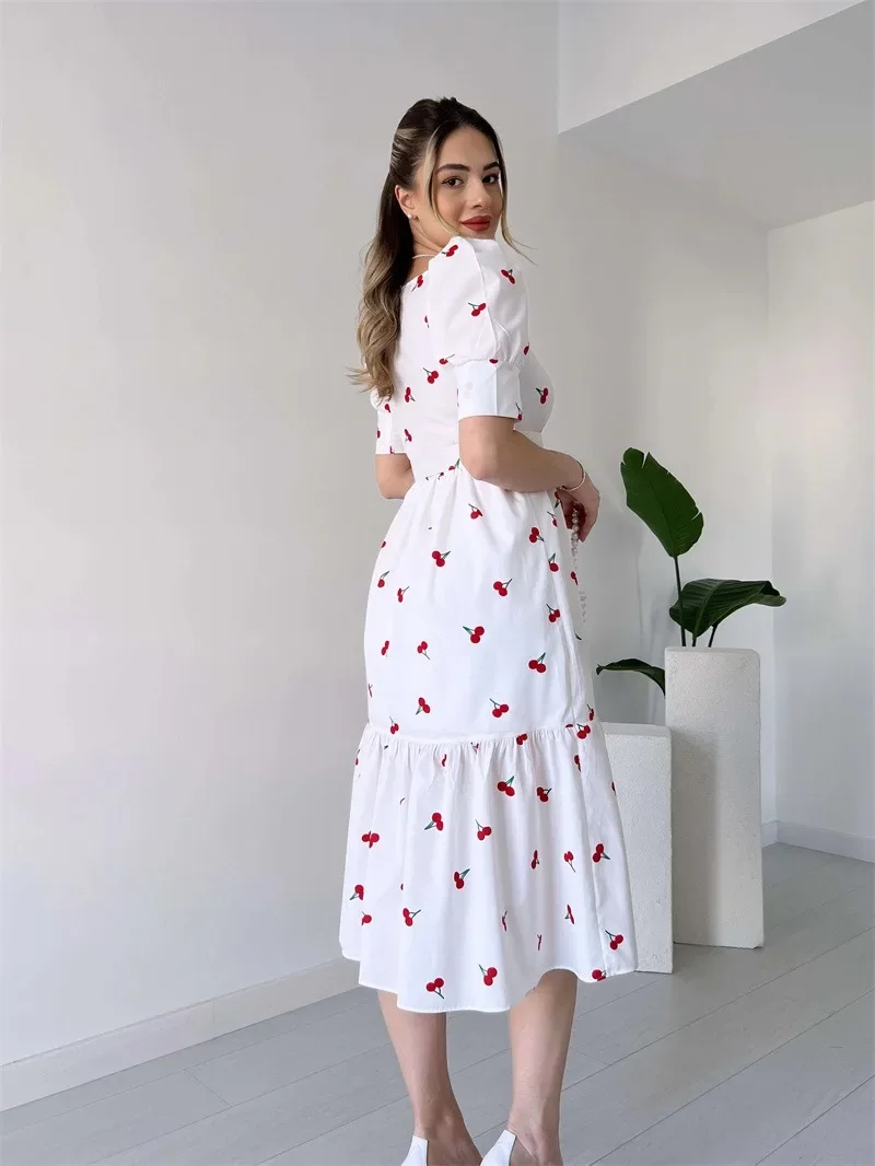 Women Summer Strawberry Dresses New Fruit Dress Chic Puff Sleeve Daisy Cherry Sweet Girls Dresses Cottagecore Dress with Sashes