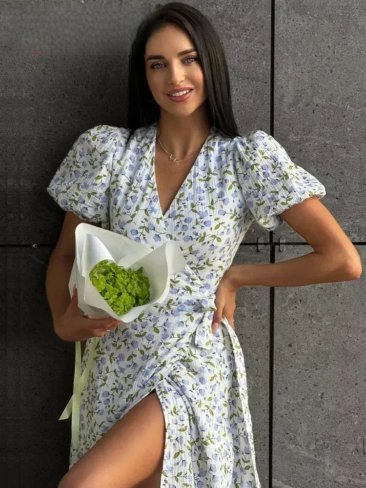 NEW Summer Women's Light Long Dress 100% Cotton A-line Midi Dresses with Side Slits Flowers Elegant Beige Dress for Women