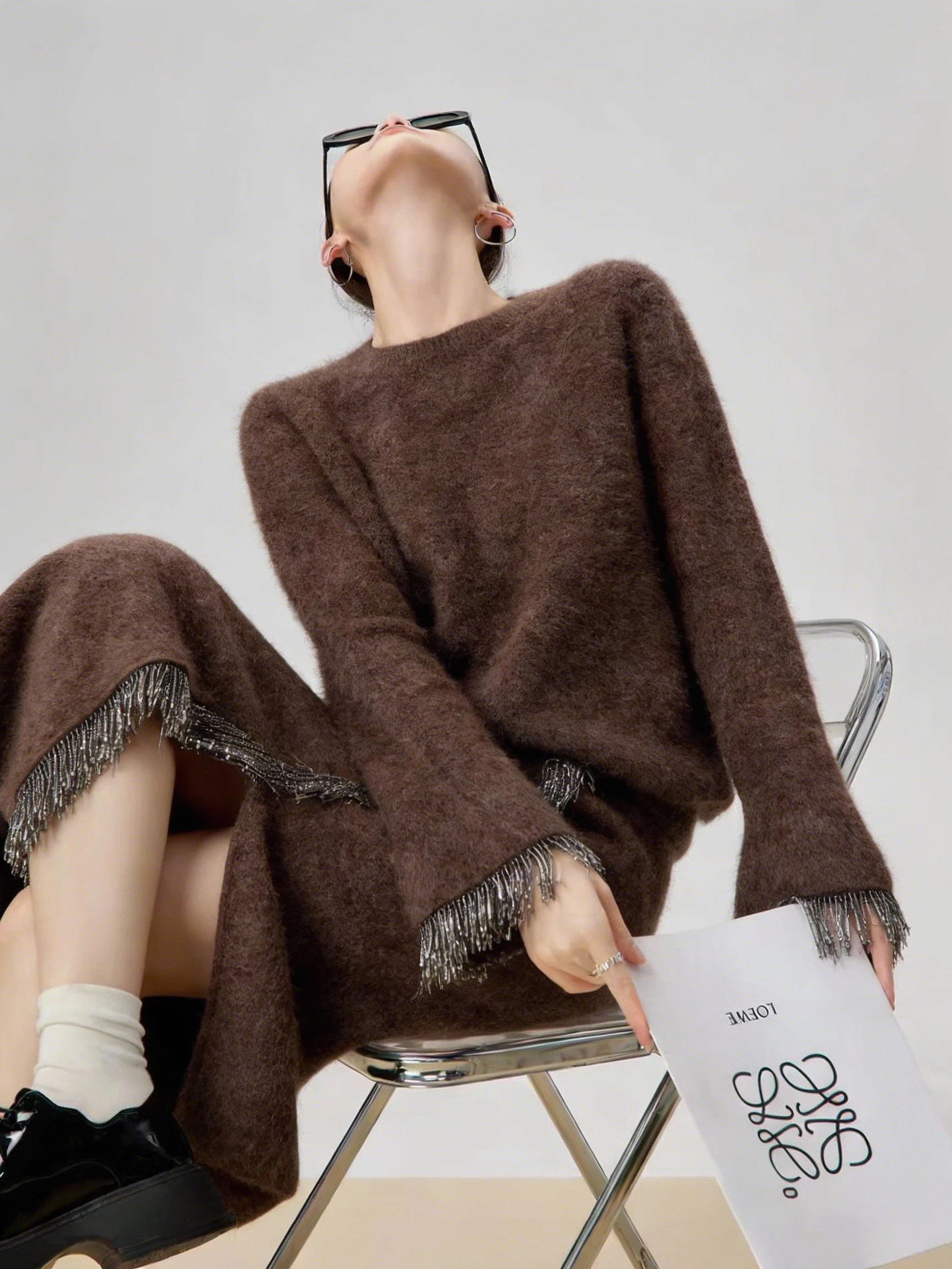 

Browan Tassel Bead Knitted Sweater Women's Faion Set Skirt High Waist Casual Sle Winter Collection 2026 mid Weight Long S...