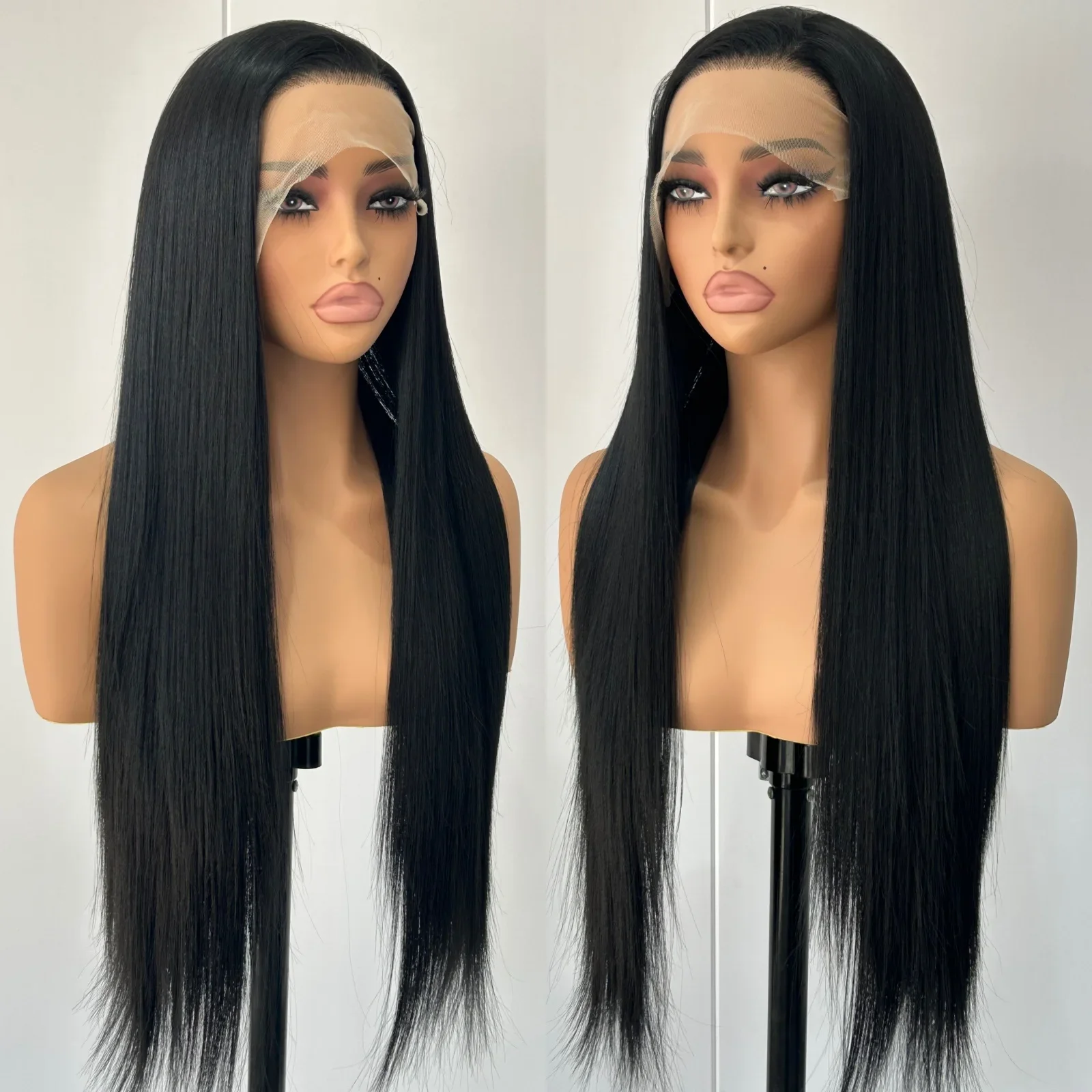 

Черная прямая не требующая закрепления мягкая длинная парика из еврейских человеческих волос 5x5 с шелковой основой, с baby hair, HD-кружевом, европейские волосы, предварительно выщипанная линия роста