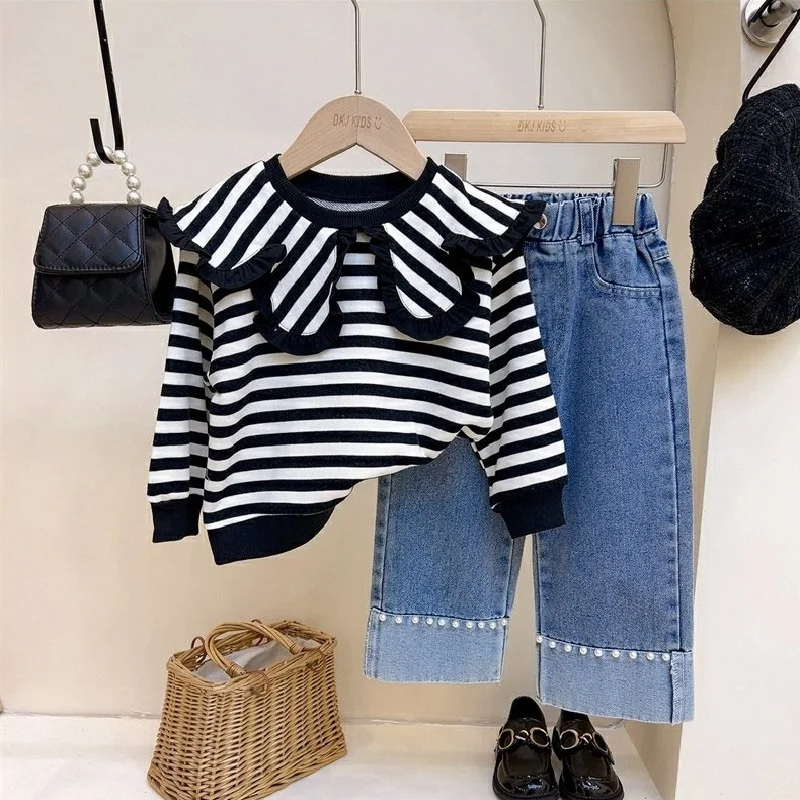 New Spring Children\'s Wear Girl\'s Stripe Long sleeved Top Casual Sports Wear 3-8 Year Old Girl\'s T-shirt and Jeans Set