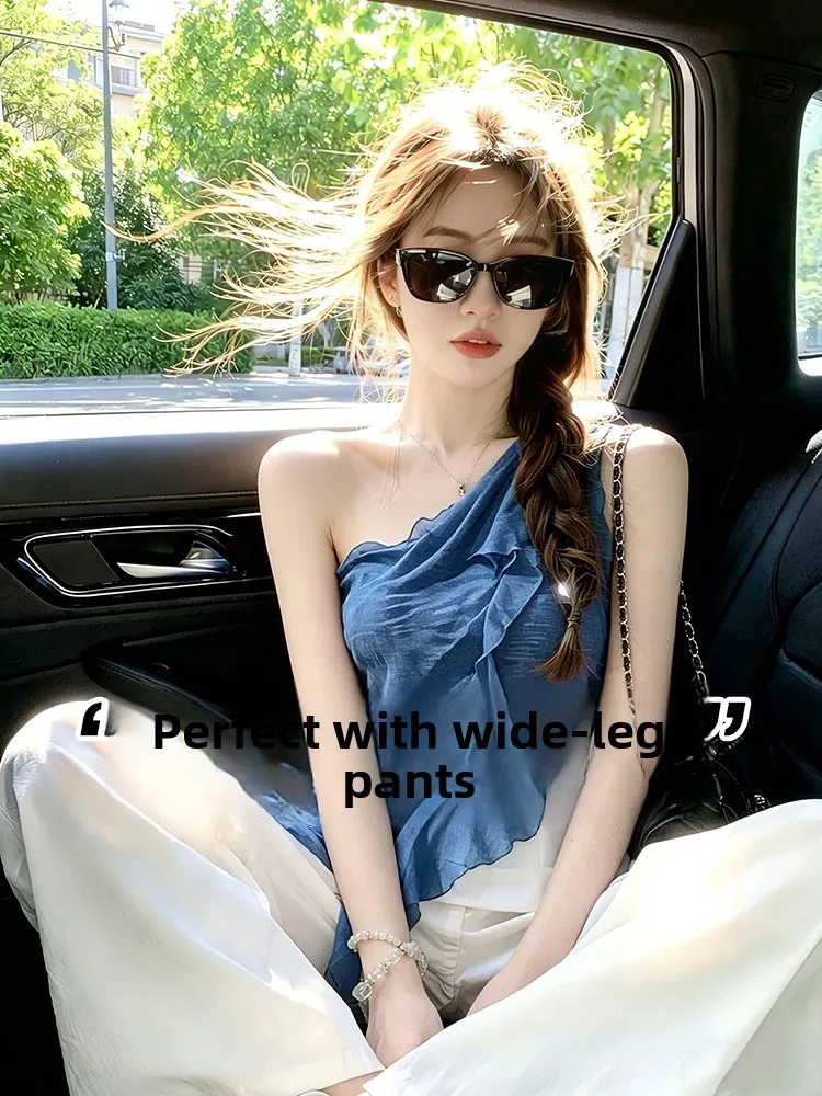 Blue Asymmetrical Hem Sleeveless Top Women Summer Outerwear Inner Match Lightweight Luxury Shirt Irregular Lace Trim Top