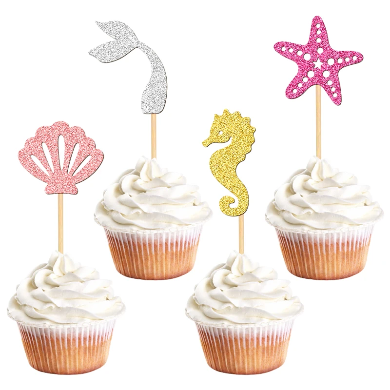 NUBECOM 24 Stück Meerjungfrau-Kuchenaufsätze für Pool- und Strandpartys, Cupcake-Topper, glitzernde Muschel, Seepferdchen, Seestern, Meerjungfrauenschwanz-Kuchen-Picks – Detail 7