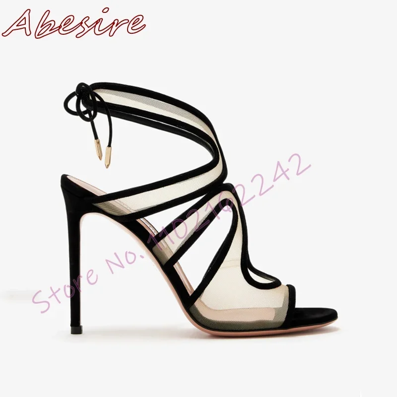 

Новые летние дышащие сандалии на высоком каблуке с открытым носком на шпильке, элегантные роскошные кружевные вечерние модельные женские туфли-гладиаторы