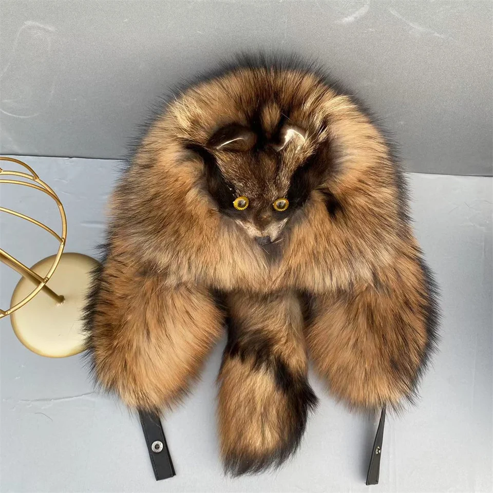 Real Fur 100% Raccoon Fox Skin Russian Hats Pilot Bombers Full Mao Men\'s Hat Ushanka Winter Ear Guard Hat Raccoon Fur Beanie Hat