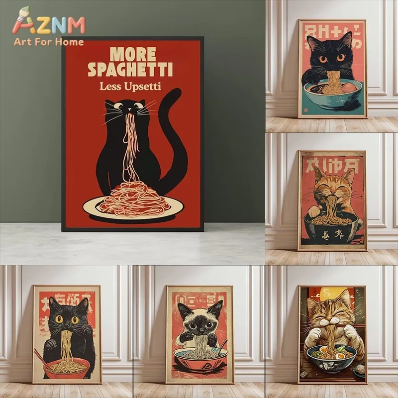 AZNM Vintage Cat Eating Spaghetti Ramen Canvas Wall Art Funny Retro Noodle Kitten Print Unframed Canvas Kitchen Aesthetic Decor