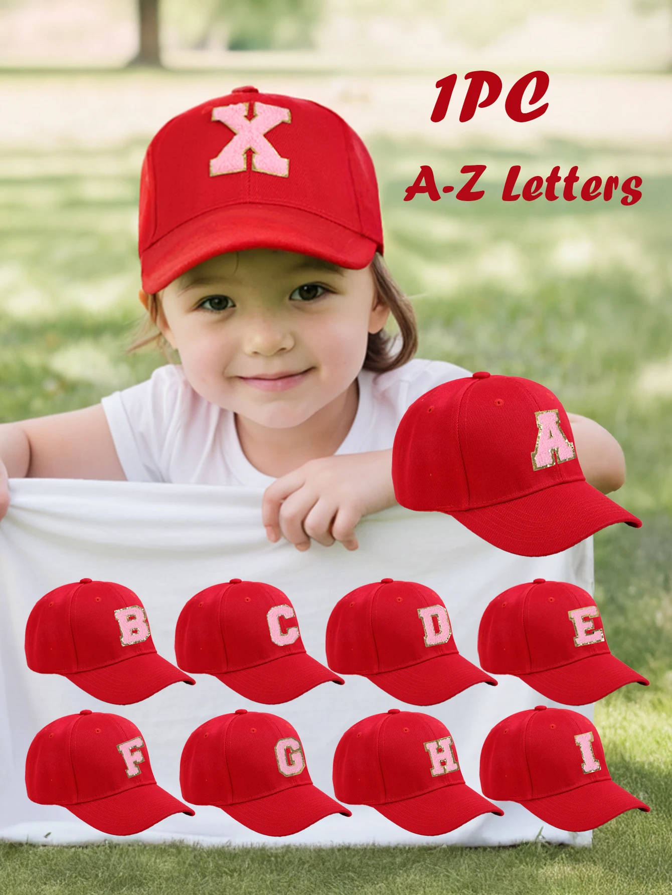 

Детская бейсболка с 26 буквами алфавита, однотонная красная, модный спортивный аксессуар, солнцезащитная шляпа, подходит для детей, для повседневной носки, регулируемая.