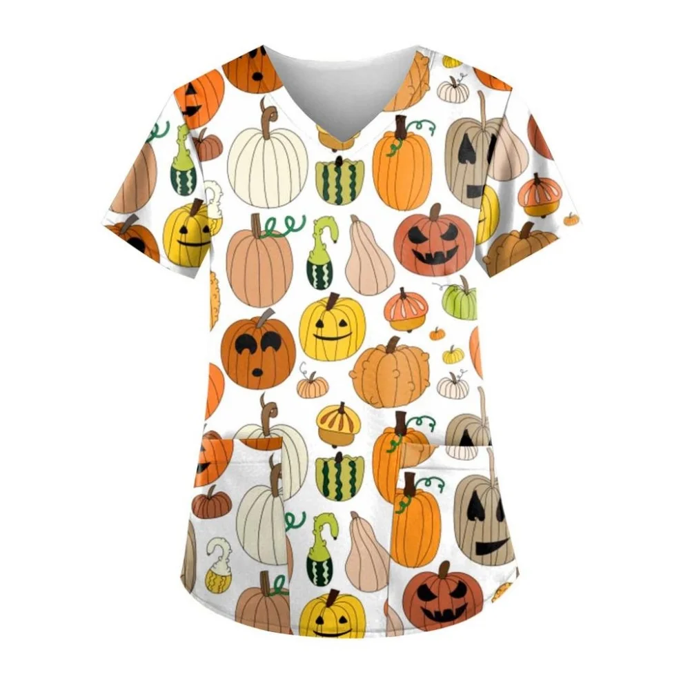 Women's Medical Uniform Halloween Cartoon Print Health Care Nursing Tops Casual Microelastic Short Sleeve Clinical Uniform Woman
