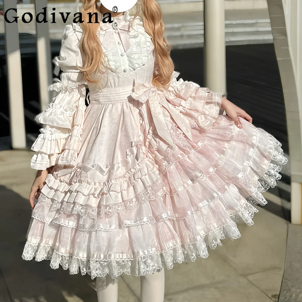 

Original Sweet Princess Style Long Sleeve Dress Op Spring and Autumn New Sweet Girls Cute Bow Lace Ji Sleeve Lolita Dress Women