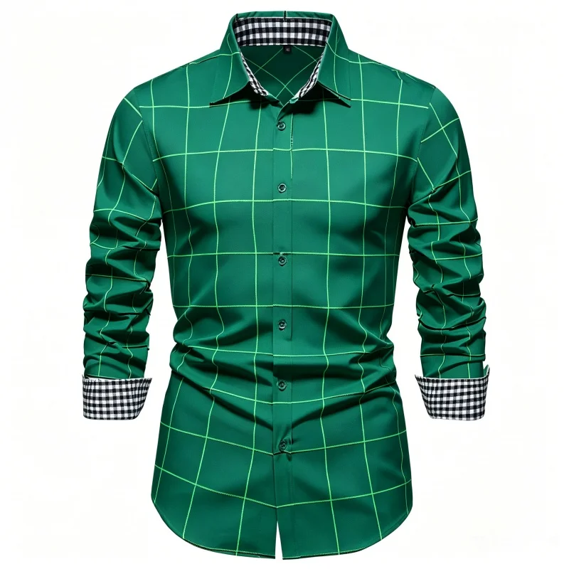 Men Classic Plaid Checkered Long Sleeve Dress Shirt Slim Fit Button Down Casual Blouse Contrast Collar Cuff Daily Business Tops