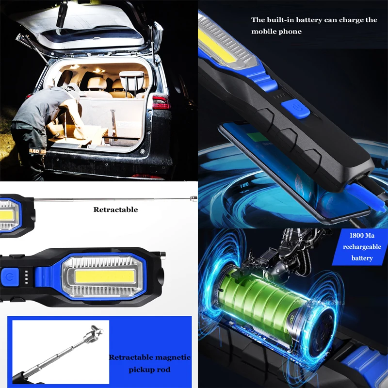 Portable COB Auto Repair Lamp LED Flashlight USB Rechargeable Waterproof Outdoor Light Camping Emergency Lamp with Magnetic Hook