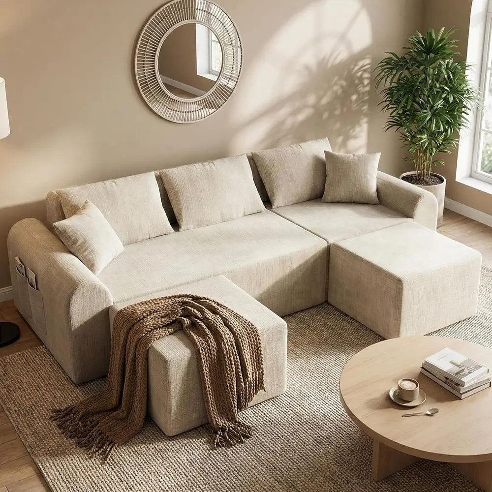 

Sectional Sofa with Deep Seating, 2 Ottomans, 3-Seat for Living Room, Beige Chenille