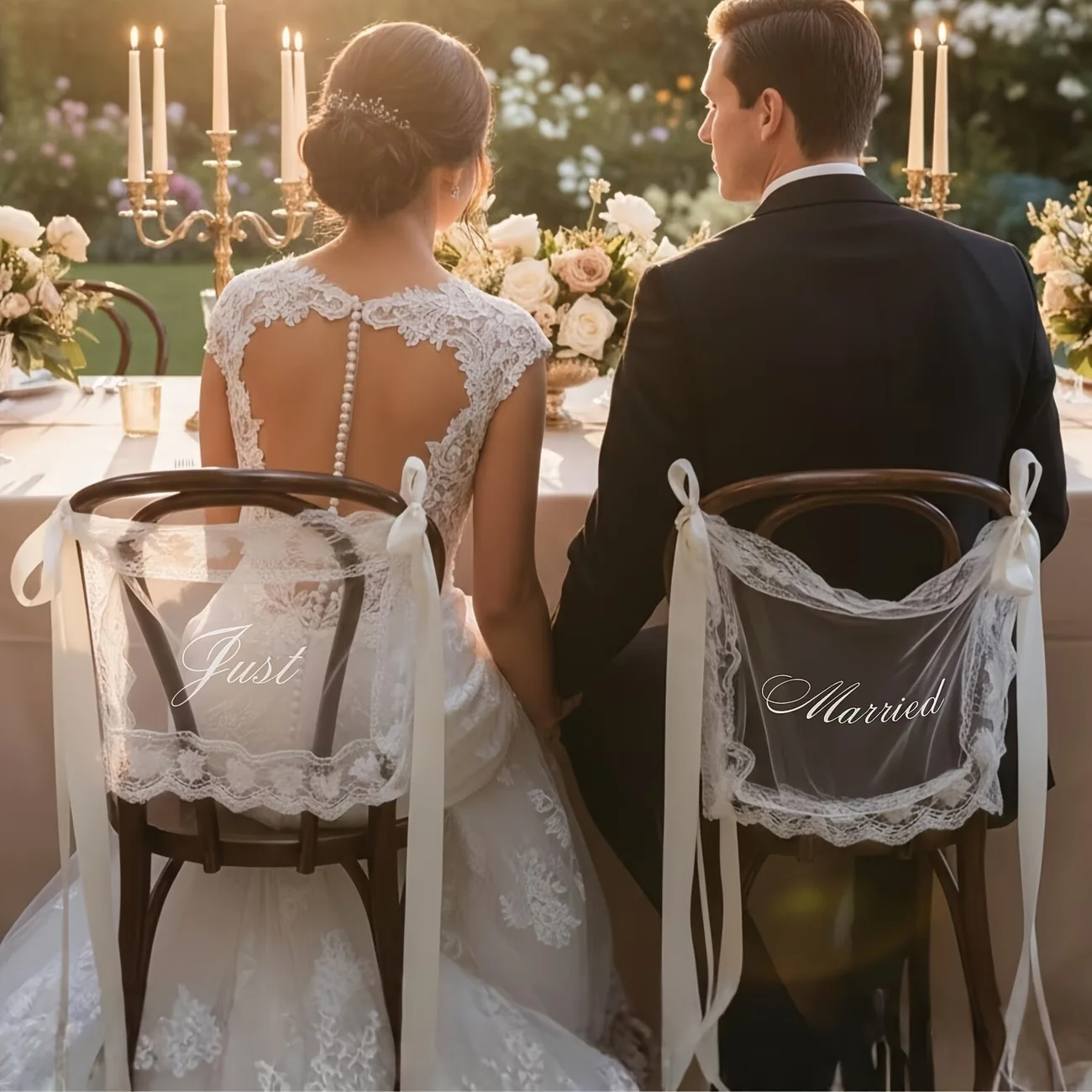 2pcs Just Married Wedding Chair Sign Sheer Lace Chair Back Covers Decorations with Ribbon for Wedding Ceremony Reception