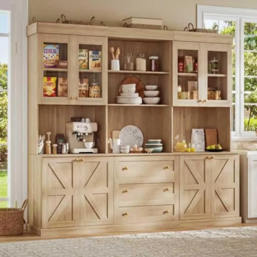 

Кухонный шкаф-буфет в стиле фермерского дома 71, коричневый, отдельно стоящий, с кофейным баром, стеклянными дверцами, выдвижными ящиками, регулируемыми полками, большой вместимостью