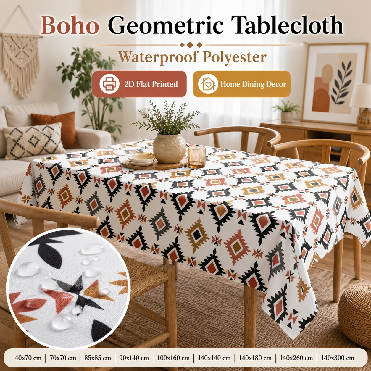 

Boho Geometric Aztec Tablecloth 2D Flat Printed Waterproof Polyester Rectangular Table Cover For Dining Room Kitchen Decor