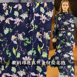Redraspberry 14momme Navy blue Jacquard Stripe Crepe de Chine 100% Silk Materials Shirt Dress DIY clothes fabrics Freeshipping