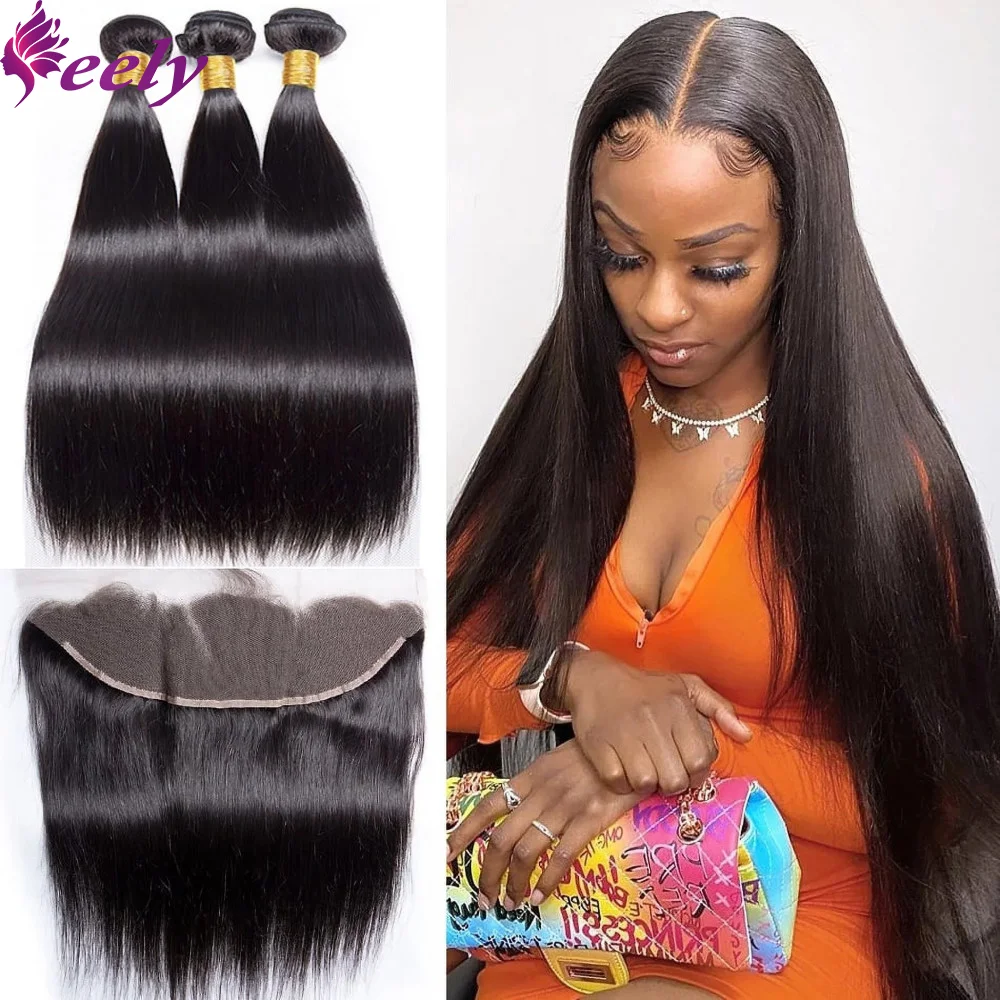 Human Hair Bundles With Closure Straight Natural Black Color 3 Bundles Human Hair 100% Unprocessed Lace 13x4 Frontal For Women