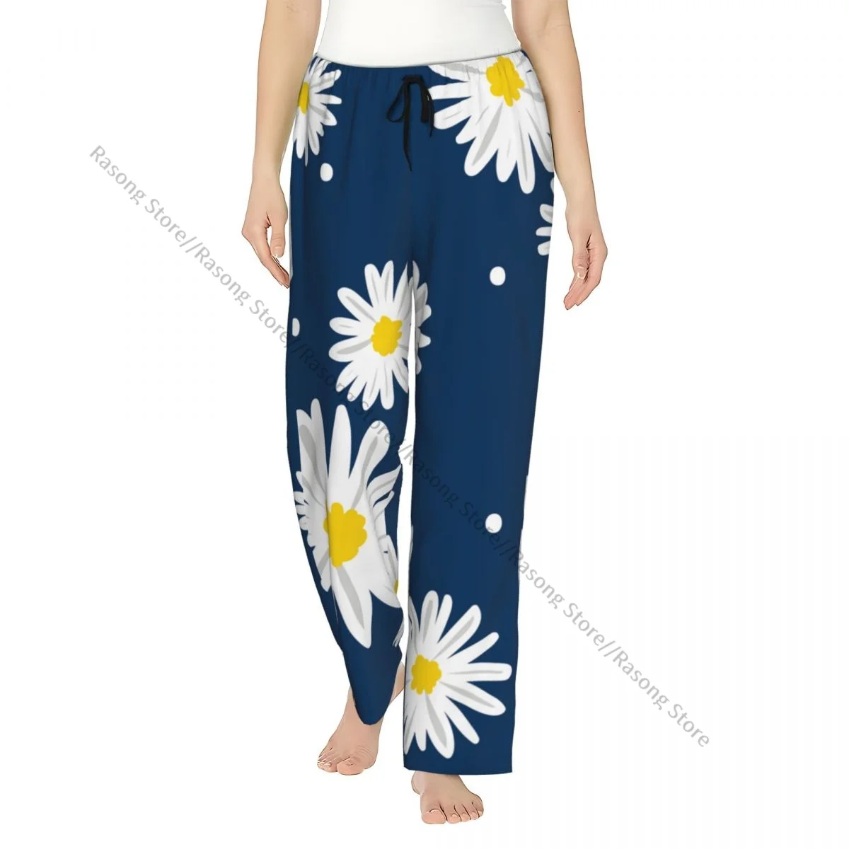 

Cozy Flannel Pajama Pants for Women White Daisies And Circle Sleep Bottoms Home Loungewear