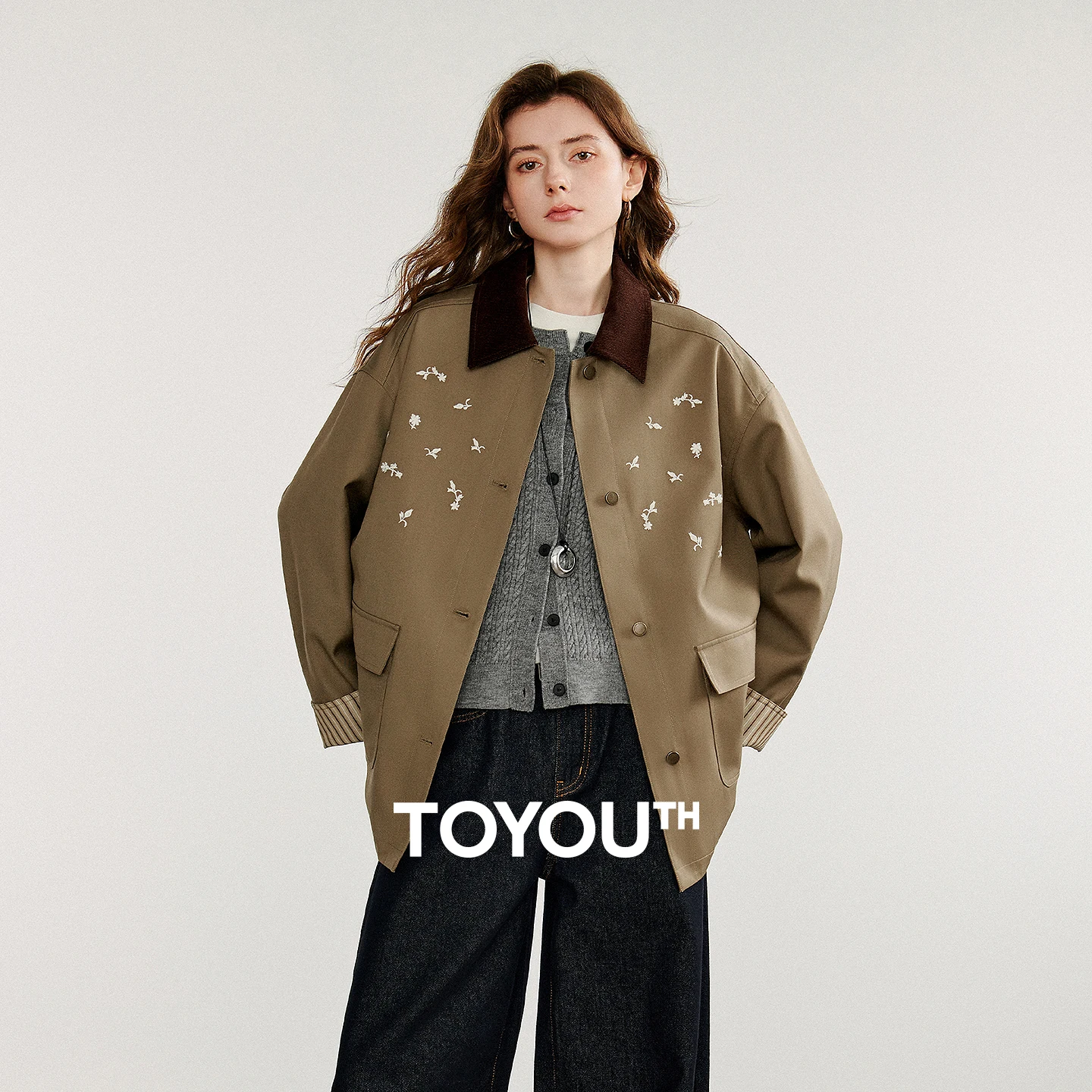 TOYOUTH Women Jacket Coat 2025 Autumn New Barn Style Contrasting Color Splicing Medium Long Workwear Trench Coat