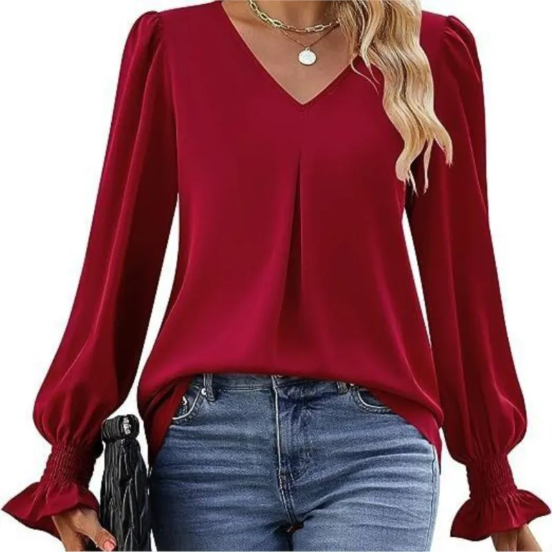 Solid Color Elegant Women's Shirt Autumn 2024 New Item Solid Color Chiffon Shirt V-neck Pullover Trumpet Long Sleeved Top Blouse