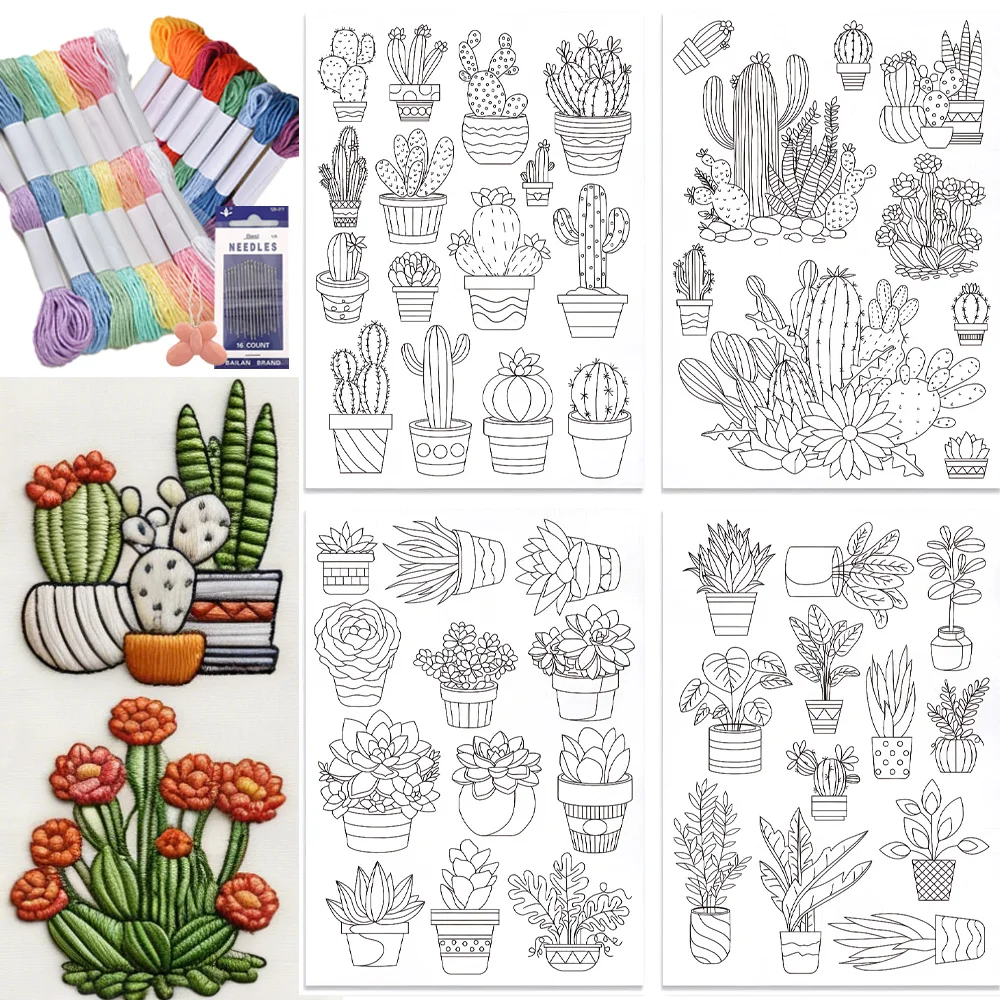 Embroidery Flower Pattern - 48個入りサボテン刺繍セルフ接着キット、水溶性安定剤刺繍パターン紙、洗えるスティックステッチフラワーペーパー