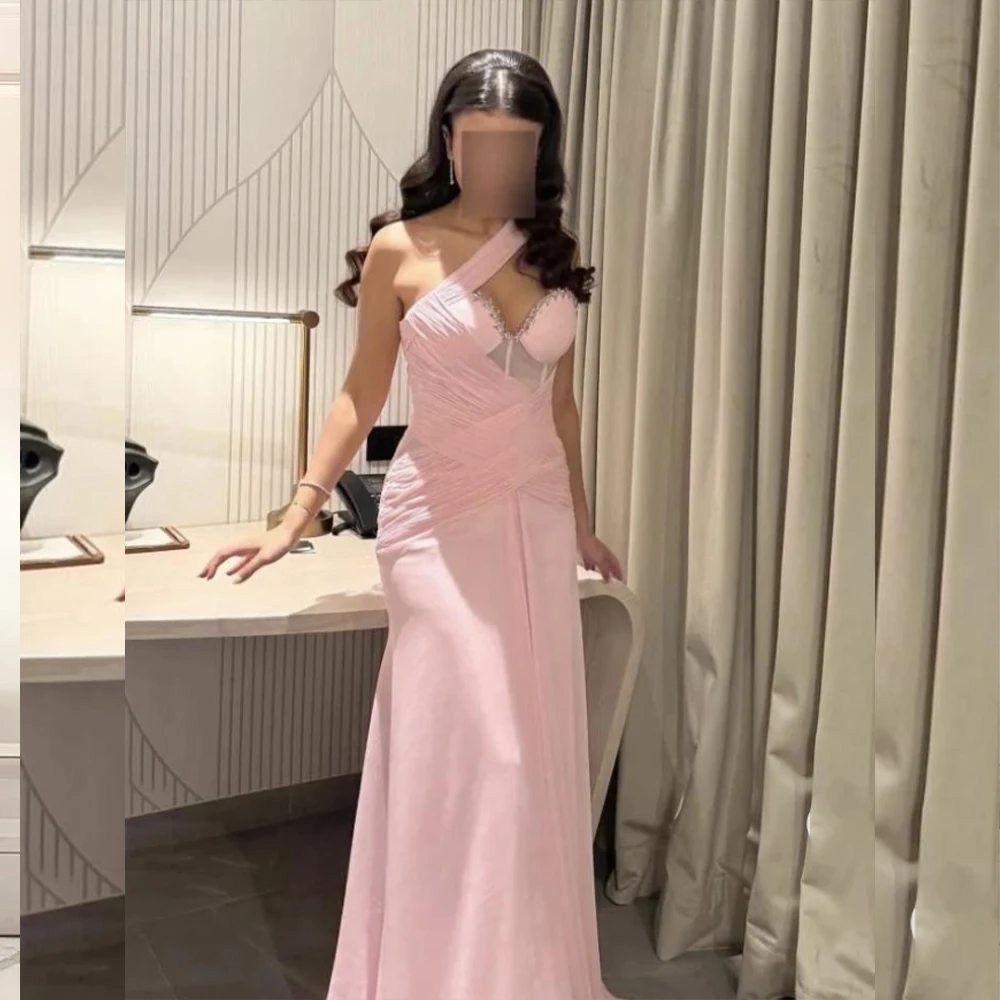 

Pink Evening Dresses Halter Sleeveless Beading Elegant Prom Dress Mermaid Chiffon Gala Dress Customized فساتين سهرات