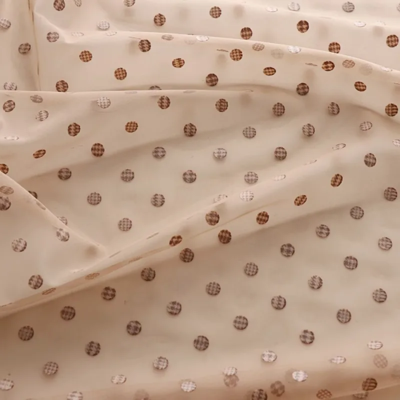 Caramel-White Printed Flocked Polka Dot Tulle Fabric Soft Sheer Material Custom Apparel Dresses Skirts Designer Fashion Textile